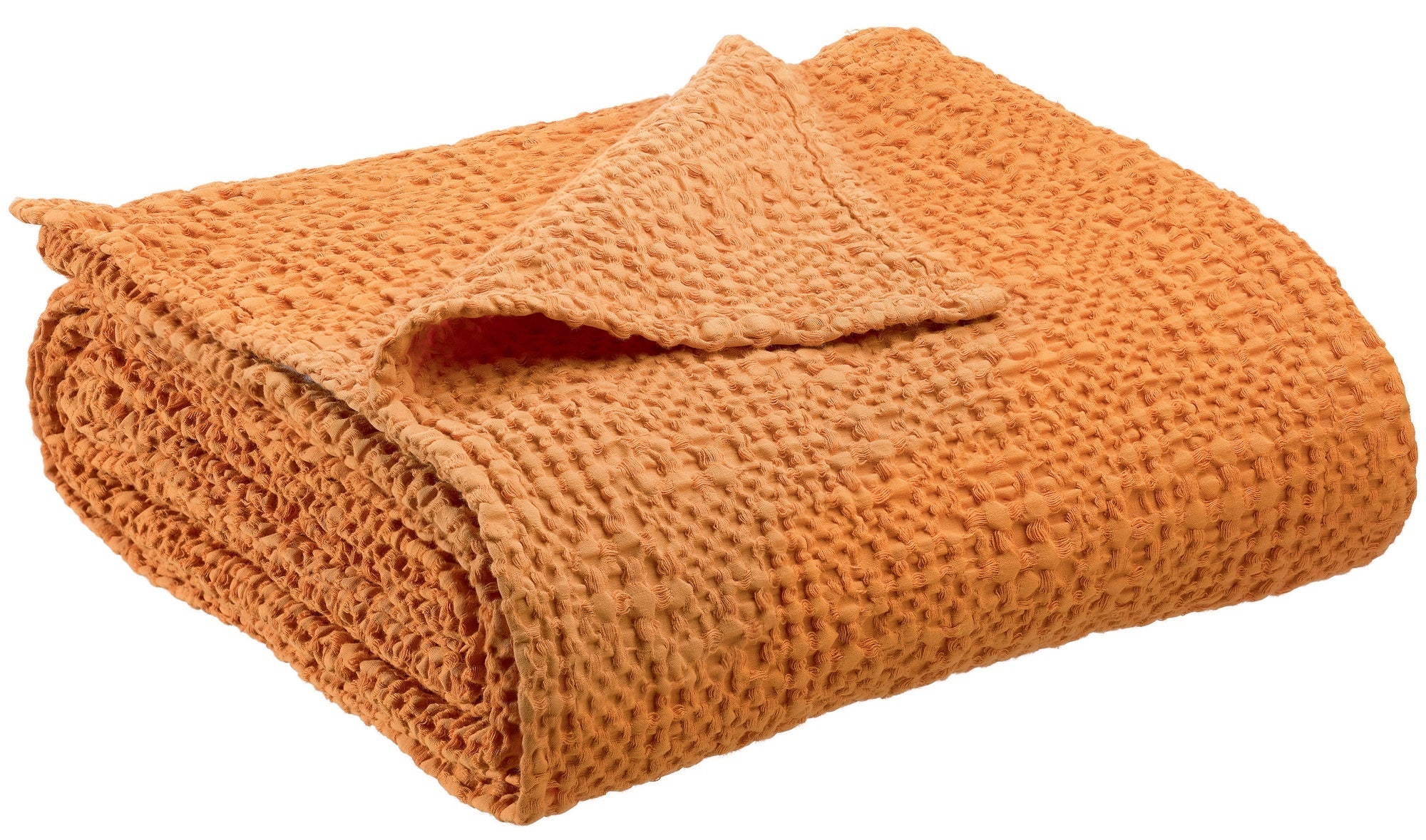 plaid tana senape, colore senape, taglia 240 x 260. vista frontale della coperta piegata su sfondo bianco