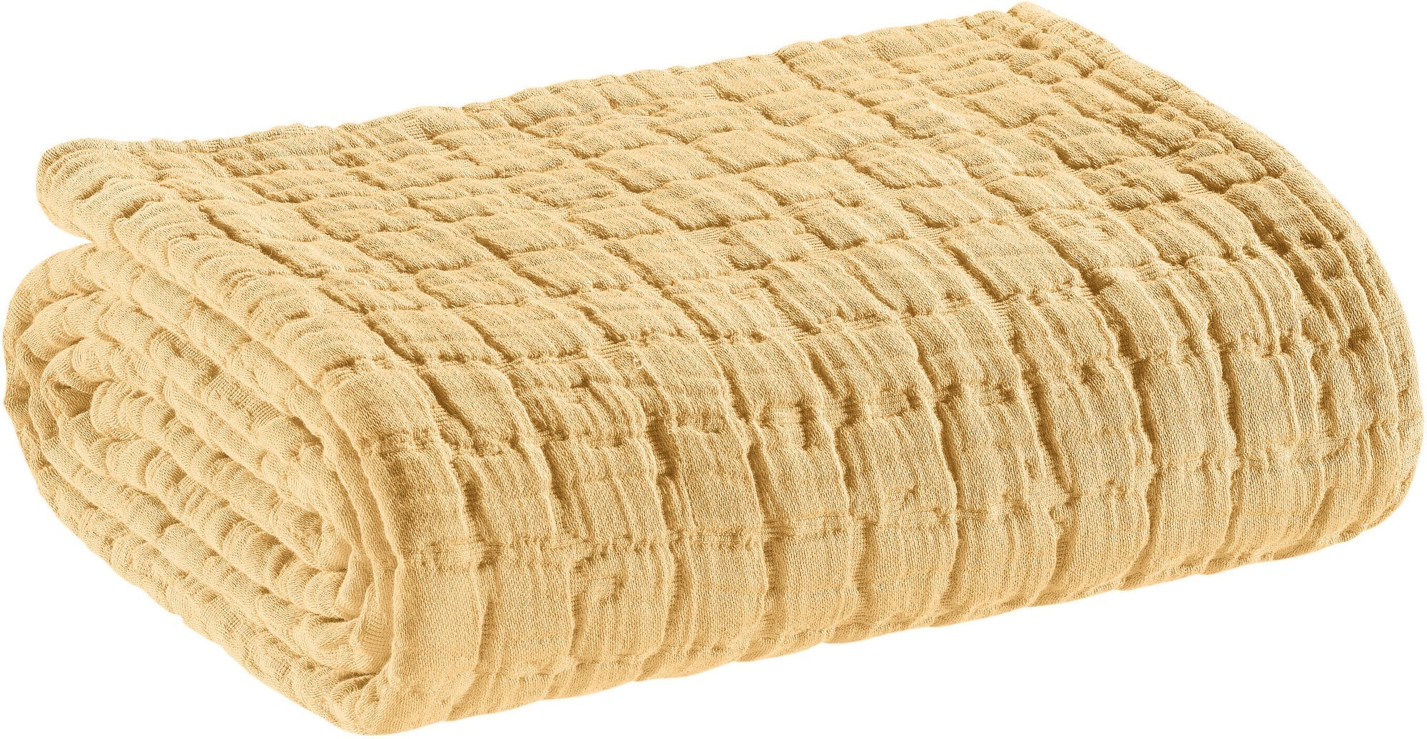 coperta swami sabbia, colore sabbia, taglia 180 x 260. vista frontale della coperta piegata su sfondo bianco