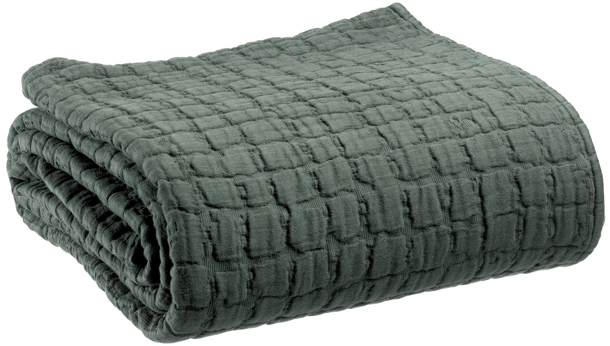 coperta swami timo, colore timo, taglia 240 x 260. vista frontale della coperta piegata su sfondo bianco