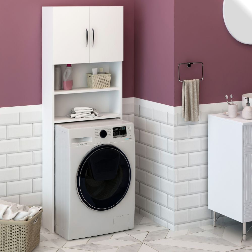 mobile coprilavatrice marsiglia con ante e ripiani bianco, dettaglio della cerniera e delle aperture per tubi