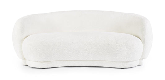 divano tecla in tessuto effetto bouclé bianco, dettaglio della struttura e finitura del divano