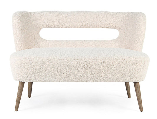 divano cortina in tessuto bianco effetto lana e gambe in legno rubberwood, dettaglio della struttura e finitura del divano