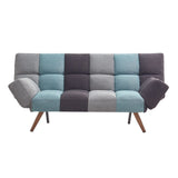 divano letto dube con braccioli pieghevoli in tessuto patchwork, dettaglio della struttura e finitura del divano