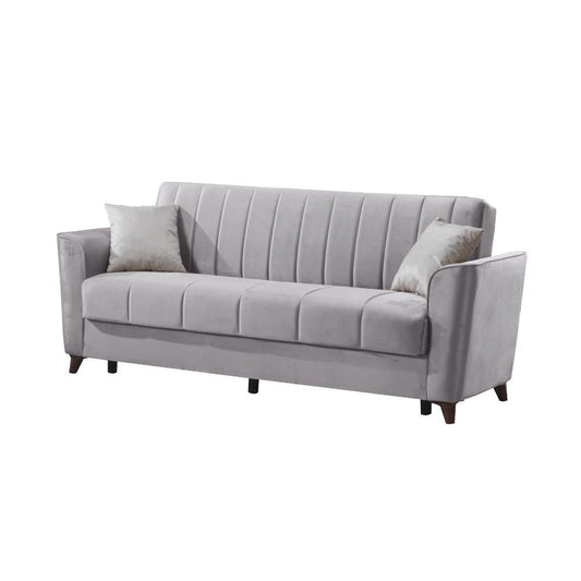 divano letto duca con contenitore in velluto setra grigio, dettaglio della struttura e finitura del divano