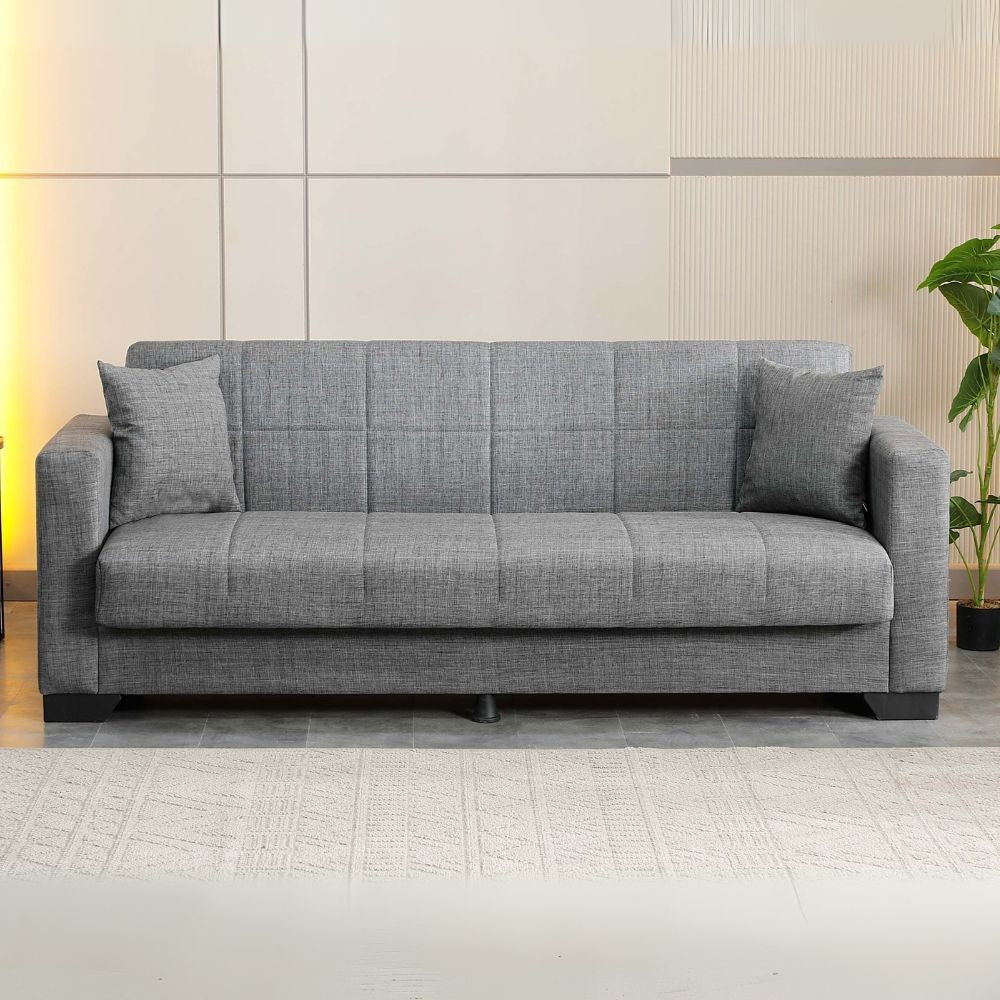 divano letto contenitore moon 3 posti in tessuto internobase 11 grigio, divano visto frontalmente, ideale per soggiorni moderni e accoglienti