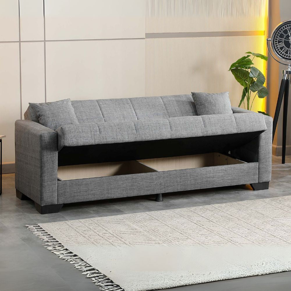 divano letto contenitore moon 3 posti in tessuto internobase 11 grigio, divano in ambientazione, perfetto per ispirare l’arredamento del salotto