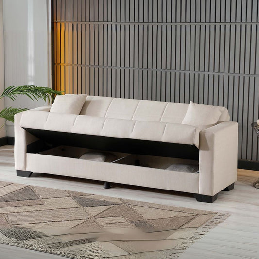 divano letto contenitore moon 3 posti in tessuto internobase 09 cream, dettaglio della struttura e finitura del divano