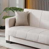 divano letto contenitore moon 3 posti in tessuto internobase 09 cream, vista laterale per mostrare profondità e comfort