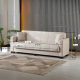 divano letto contenitore moon 3 posti in tessuto internobase 09 cream, ambiente living arredato con divano protagonista