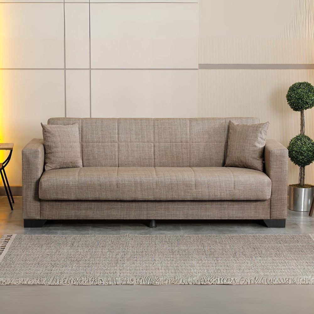 divano letto contenitore moon 3 posti in tessuto internobase 07 camel, divano visto frontalmente, ideale per soggiorni moderni e accoglienti