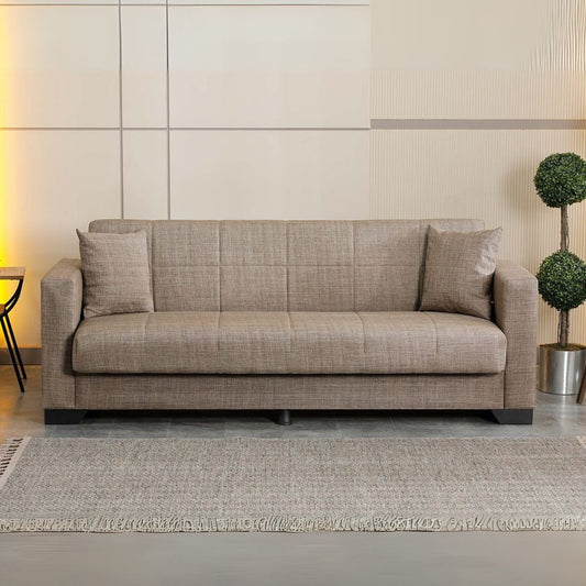 divano letto contenitore moon 3 posti in tessuto internobase 07 camel, divano visto frontalmente, ideale per soggiorni moderni e accoglienti