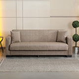 divano letto contenitore moon 3 posti in tessuto internobase 07 camel, divano visto frontalmente, ideale per soggiorni moderni e accoglienti