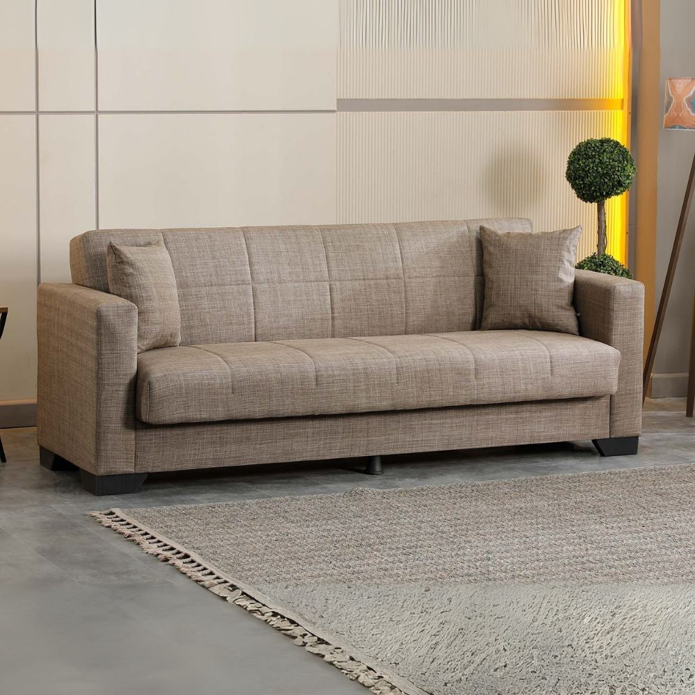 divano letto contenitore moon 3 posti in tessuto internobase 07 camel, dettaglio della struttura e finitura del divano