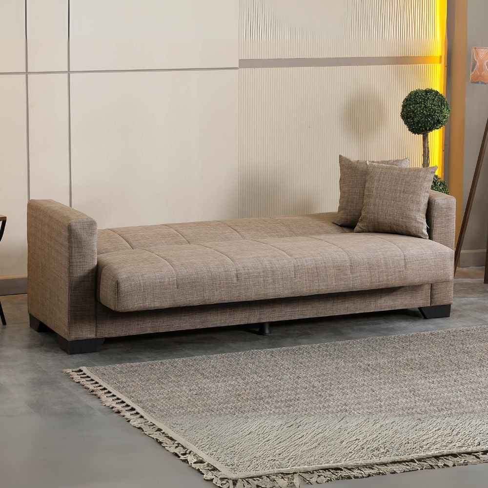 divano letto contenitore moon 3 posti in tessuto internobase 07 camel, vista laterale per mostrare profondità e comfort