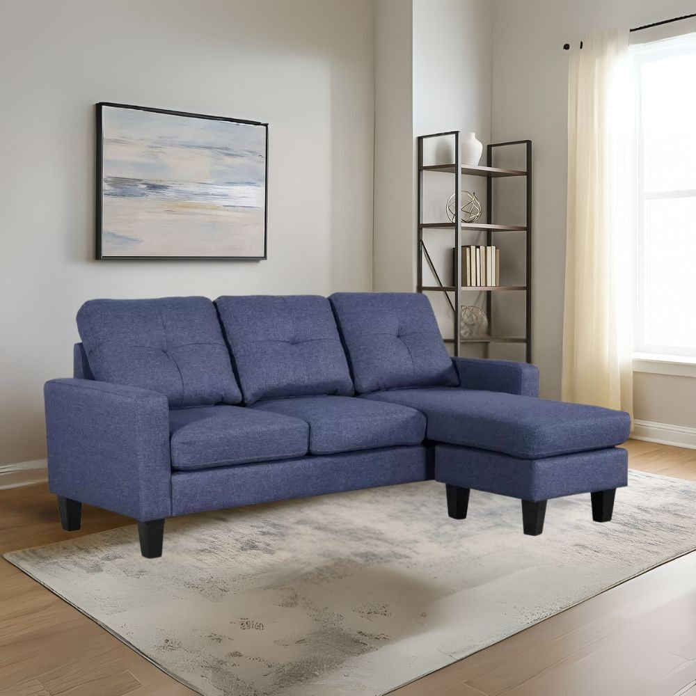 divano 3 posti giulivo blu con chaise longue componibile, divano visto frontalmente, ideale per soggiorni moderni e accoglienti
