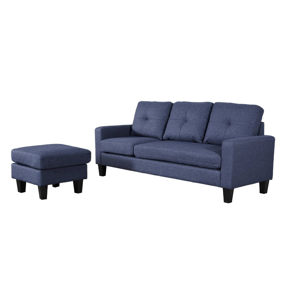 divano 3 posti giulivo blu con chaise longue componibile, vista laterale per mostrare profondità e comfort