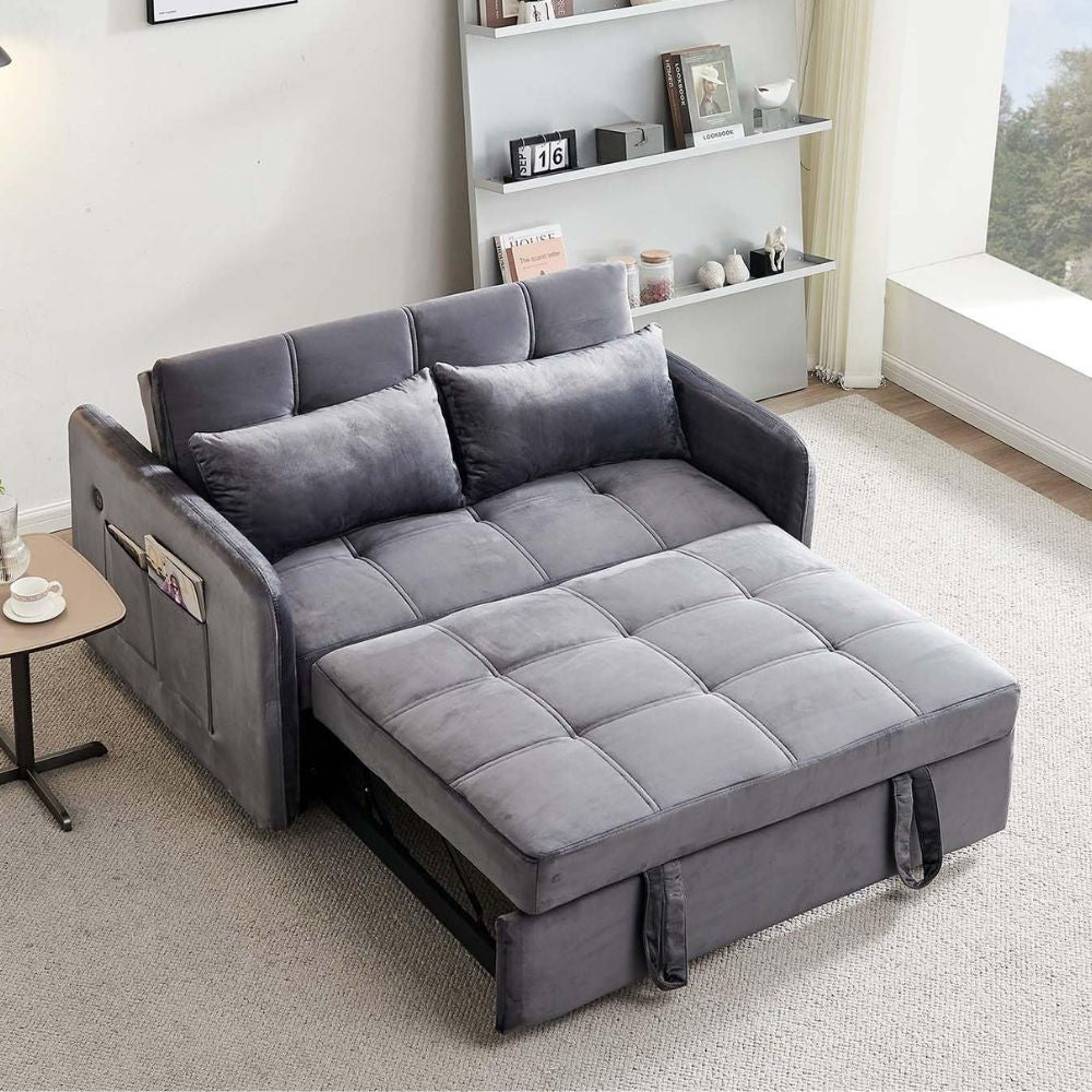 divano letto clorene in velluto grigio con tasche e presa usb laterale, divano in ambientazione, perfetto per ispirare l’arredamento del salotto