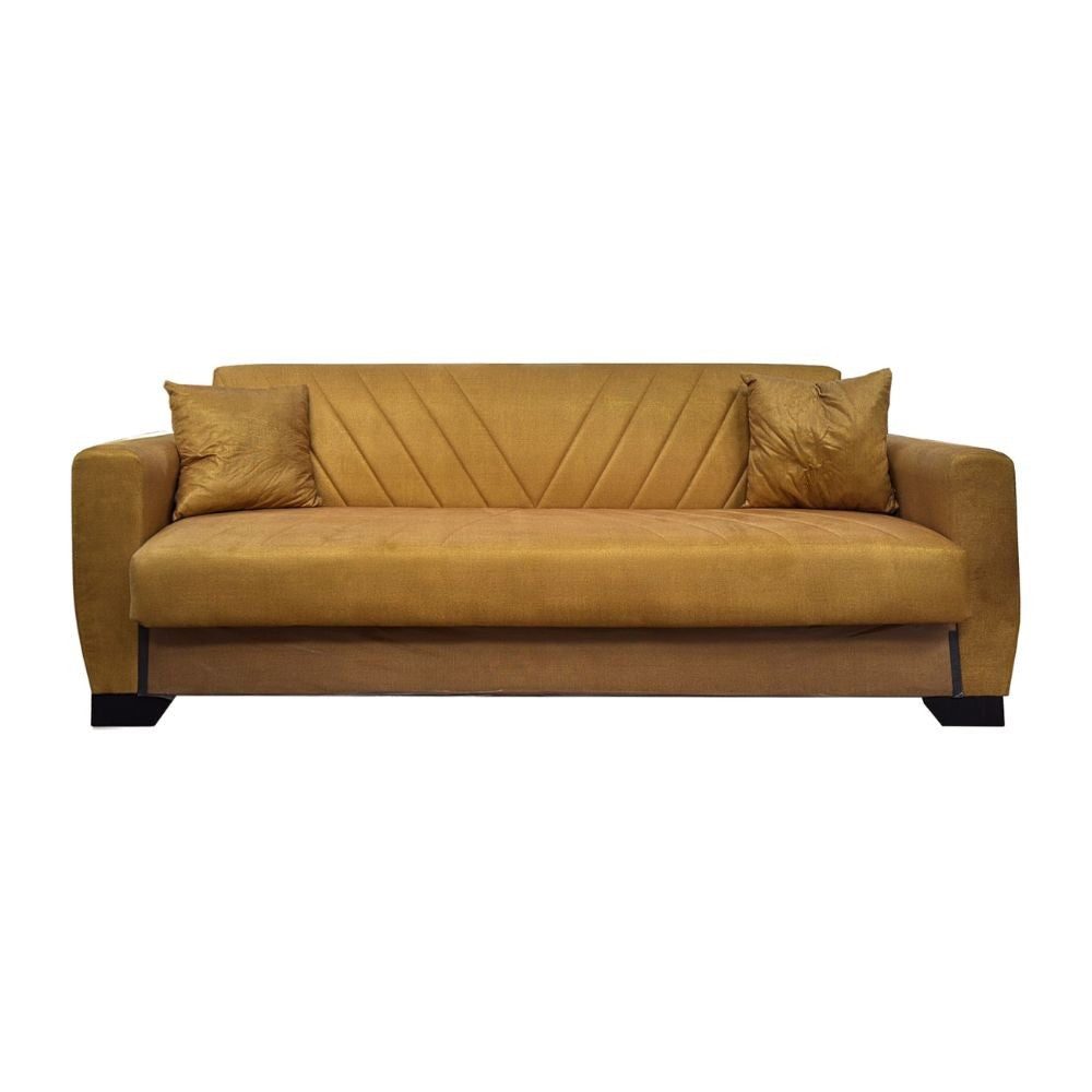 divano letto rianna 3 posti con contenitore in tessuto oguzcan 09 giallo, dettaglio della struttura e finitura del divano