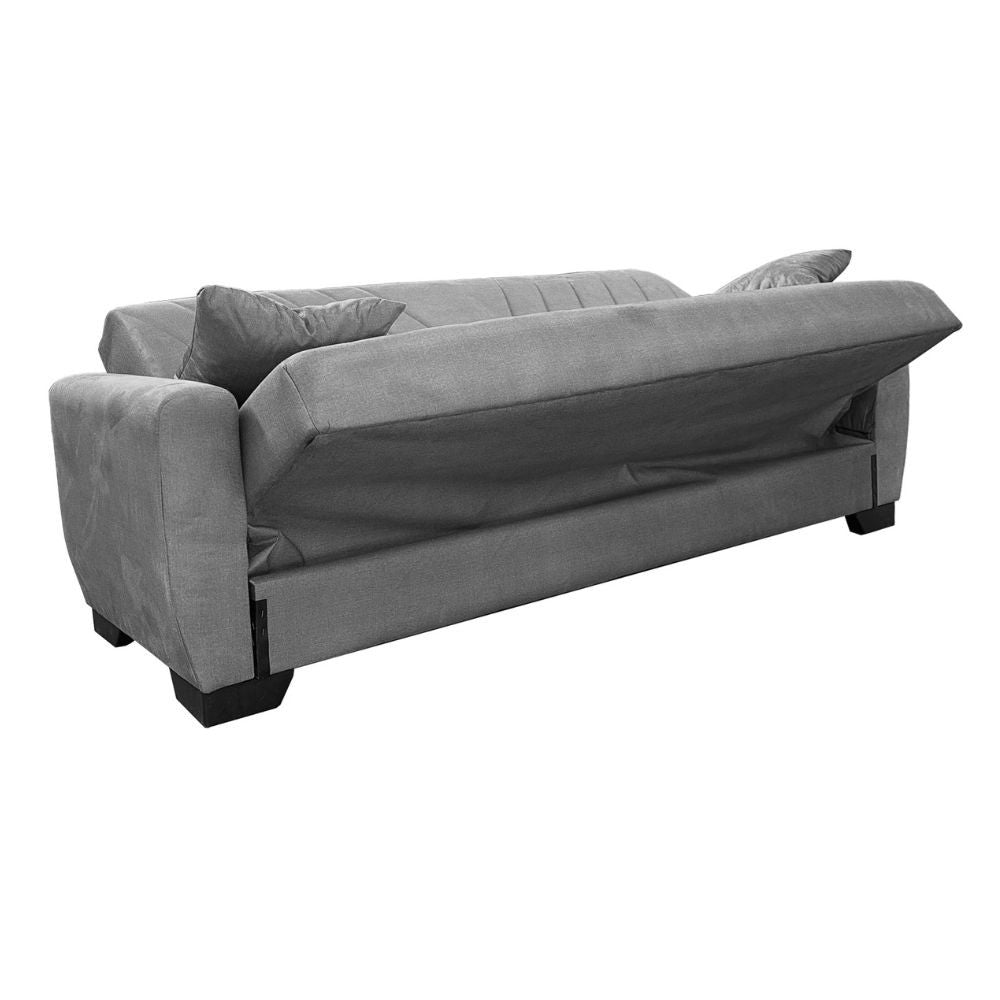 divano letto rianna 3 posti con contenitore in tessuto oguzcan 13 gray, vista laterale per mostrare profondità e comfort
