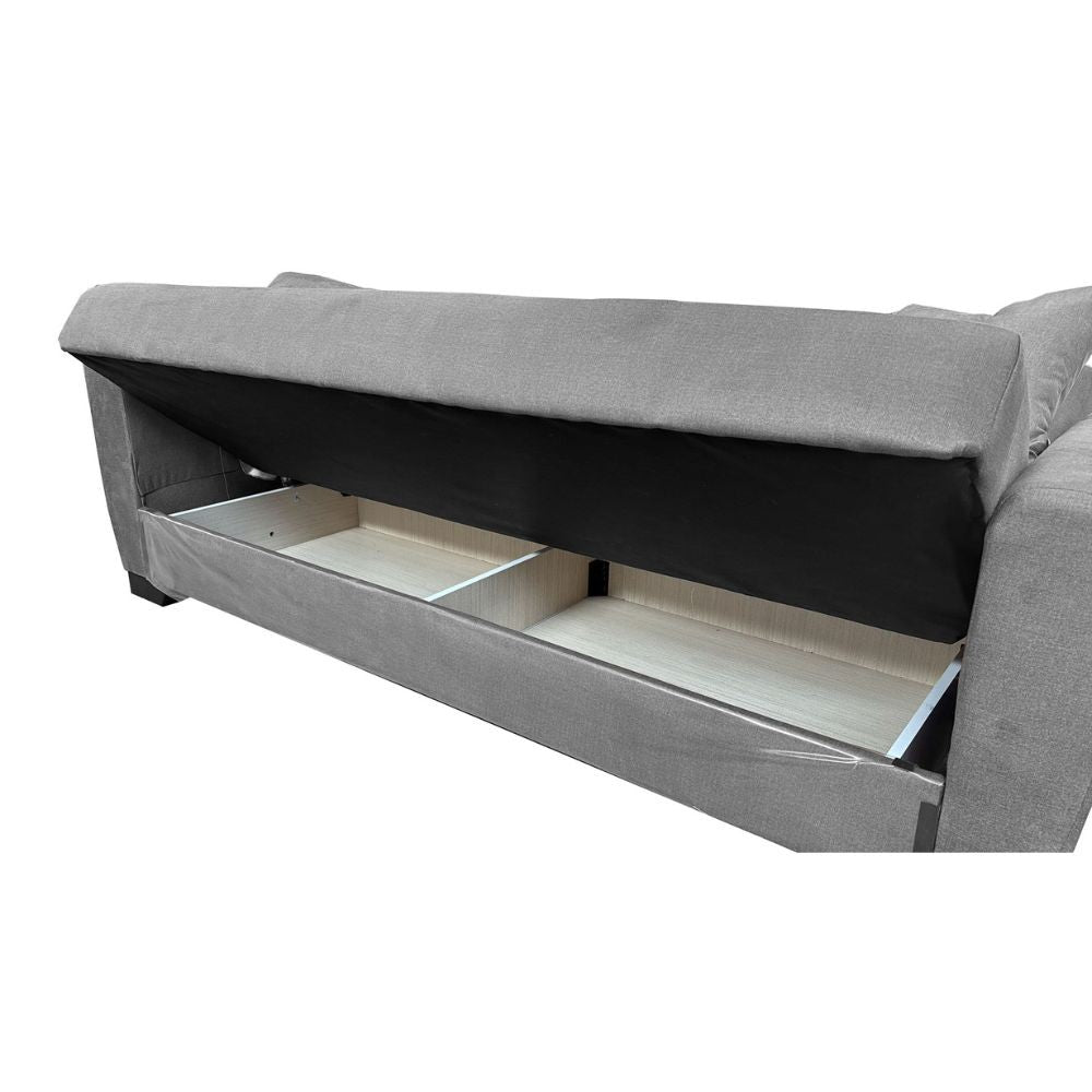 divano letto rianna 3 posti con contenitore in tessuto oguzcan 13 gray, particolare dei cuscini e del rivestimento