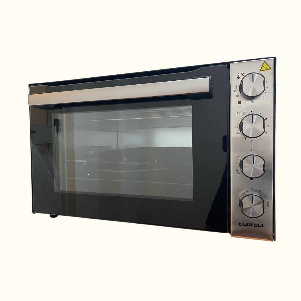 luxell forno multifunzione 70 litri lx-9645 nero inox, vista dettagliata del forno su piano cucina