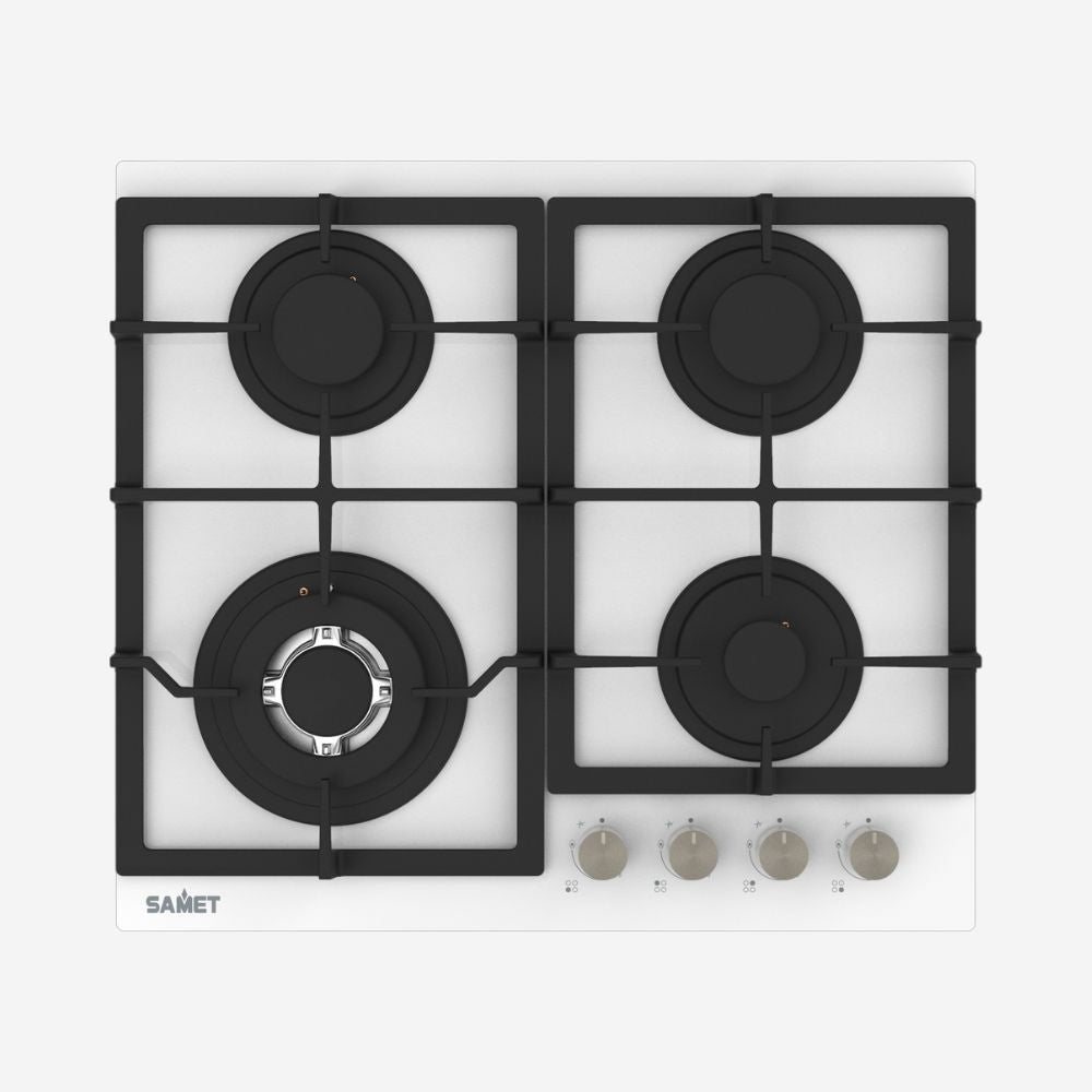 piano cottura samet dafne 60 a gas da incasso 4 fuochi 60 cm in vetro bianco, piano cottura a gas visto frontalmente, classico ed efficiente