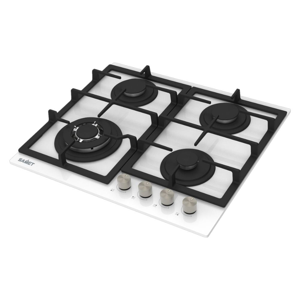 piano cottura samet dafne 60 a gas da incasso 4 fuochi 60 cm in vetro bianco, dettaglio dei bruciatori e delle griglie in ghisa