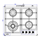 piano cottura samet dafne 60 a gas da incasso 4 fuochi 60 cm in vetro bianco, vista laterale del piano con manopole di regolazione
