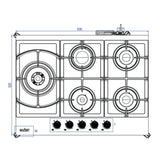 piano cottura samet dafne70 a gas da incasso 5 fuochi 70 cm in vetro bianco, vista laterale del piano con manopole di regolazione