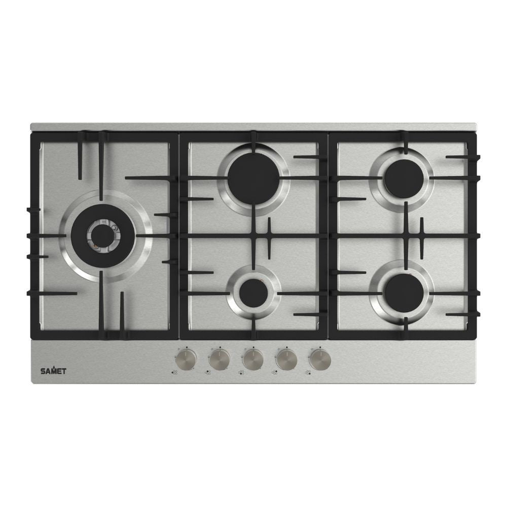 piano cottura samet nettuno a gas da incasso 5 fuochi 90 cm. in acciaio, piano cottura a gas visto frontalmente, classico ed efficiente