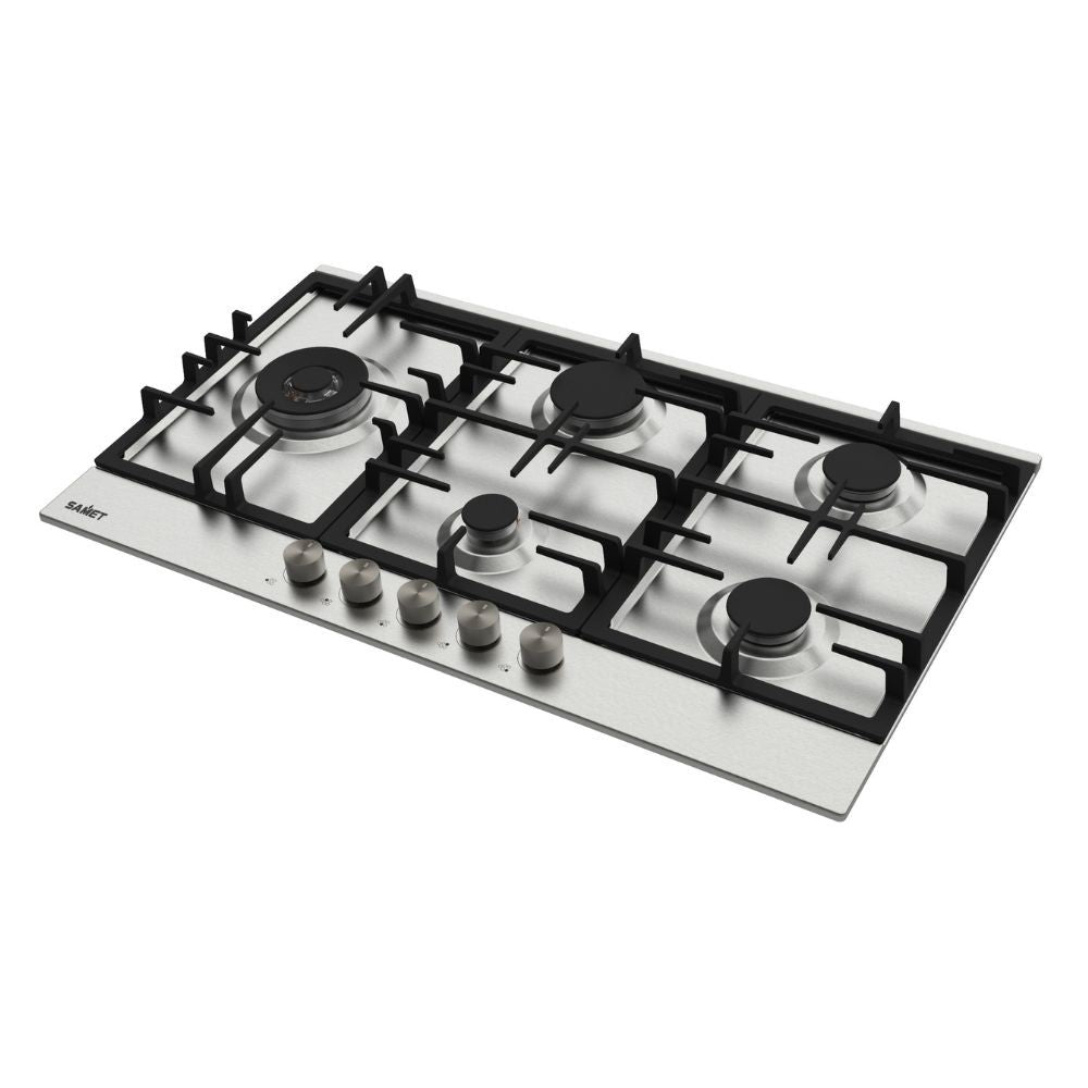 piano cottura samet nettuno a gas da incasso 5 fuochi 90 cm. in acciaio, dettaglio dei bruciatori e delle griglie in ghisa