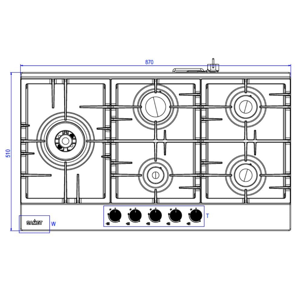 piano cottura samet nettuno a gas da incasso 5 fuochi 90 cm. in acciaio, vista laterale del piano con manopole di regolazione