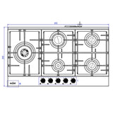piano cottura samet nettuno a gas da incasso 5 fuochi 90 cm. in acciaio, vista laterale del piano con manopole di regolazione
