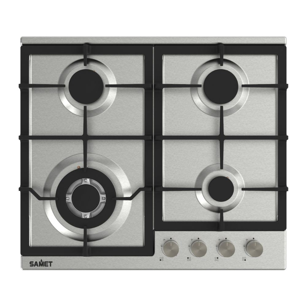 piano cottura samet sansone a gas da incasso 4 fuochi 60 cm in acciaio, piano cottura a gas visto frontalmente, classico ed efficiente