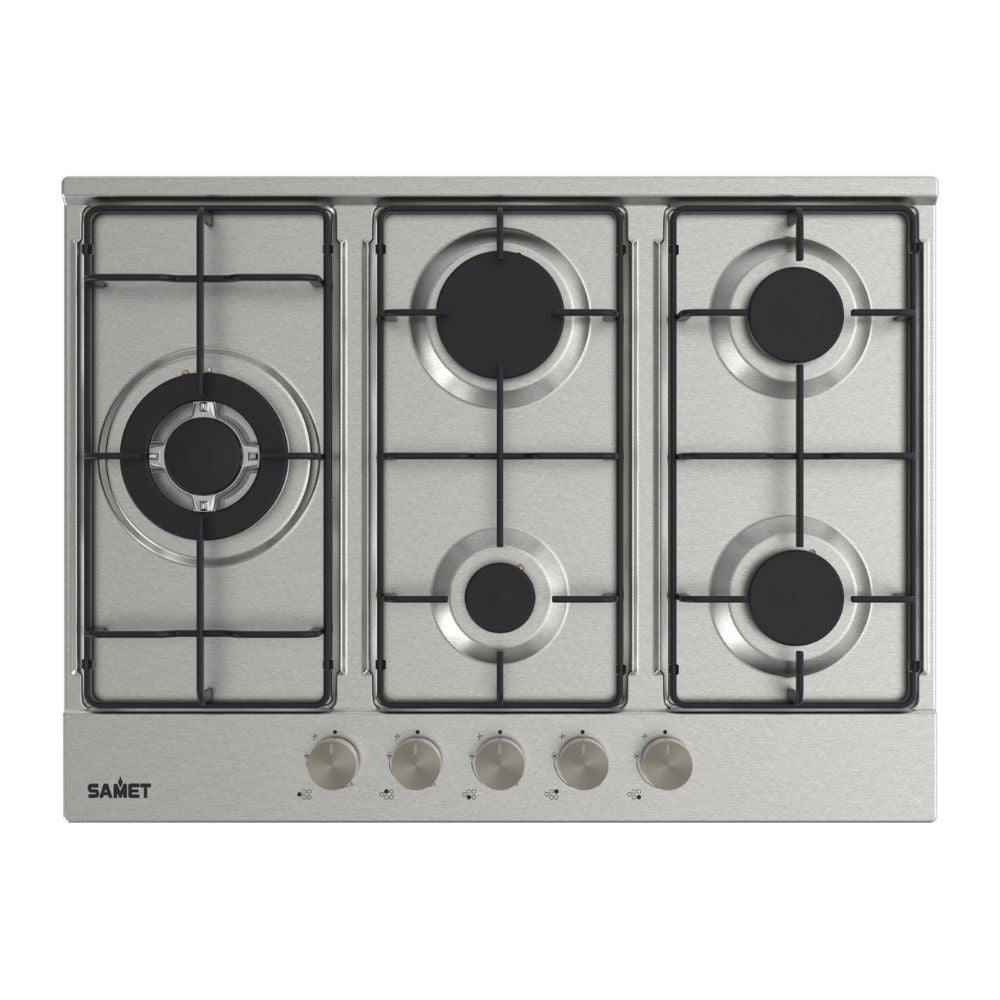 piano cottura ercole2 a gas da incasso 5 fuochi 70 cm. in acciaio inox, piano cottura a gas visto frontalmente, classico ed efficiente