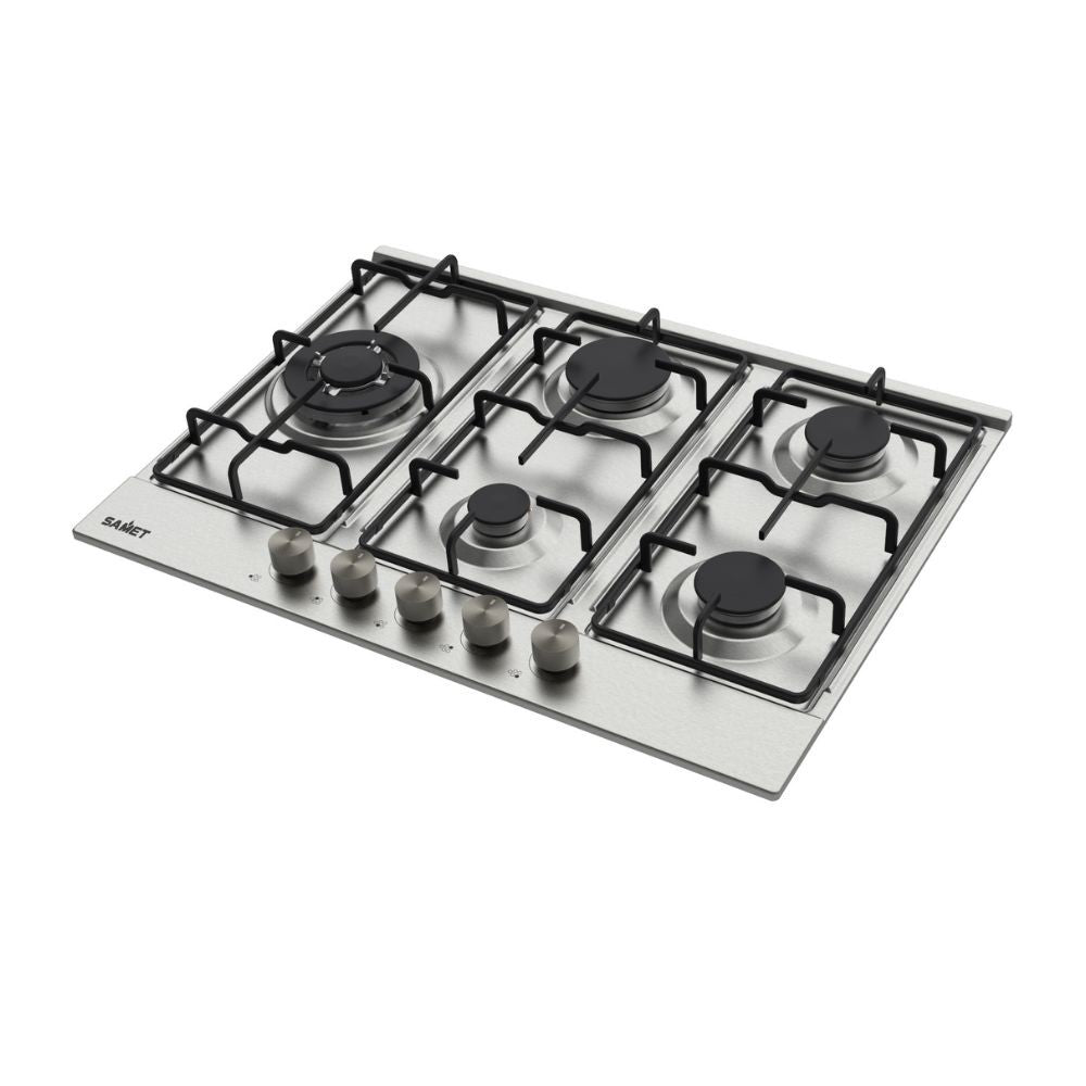 piano cottura ercole2 a gas da incasso 5 fuochi 70 cm. in acciaio inox, dettaglio dei bruciatori e delle griglie in ghisa