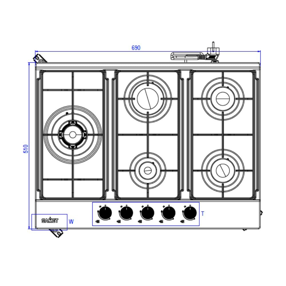 piano cottura ercole2 a gas da incasso 5 fuochi 70 cm. in acciaio inox, vista laterale del piano con manopole di regolazione