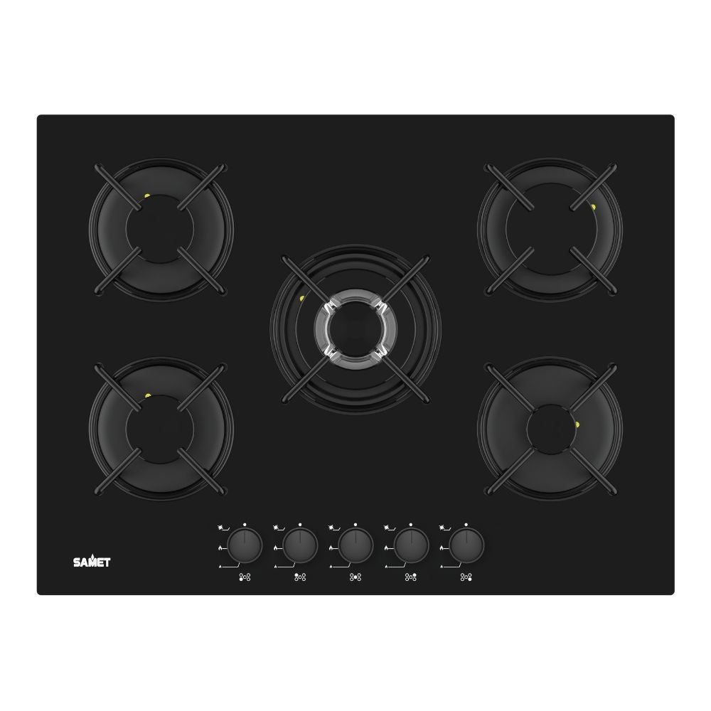 piano cottura samet minerva 70 da incasso a gas 5 fuochi con manopole nere in vetro nero, piano cottura a gas visto frontalmente, classico ed efficiente