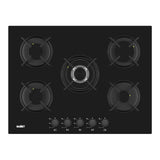 piano cottura samet minerva 70 da incasso a gas 5 fuochi con manopole nere in vetro nero, piano cottura a gas visto frontalmente, classico ed efficiente
