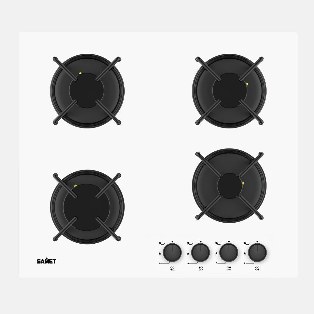 piano cottura samet venere 60 da incasso a gas 4 fuochi con manopole nere e vetro bianco, piano cottura a gas visto frontalmente, classico ed efficiente