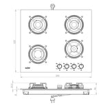 piano cottura samet venere 60 da incasso a gas 4 fuochi con manopole nere e vetro bianco, dettaglio dei bruciatori e delle griglie in ghisa