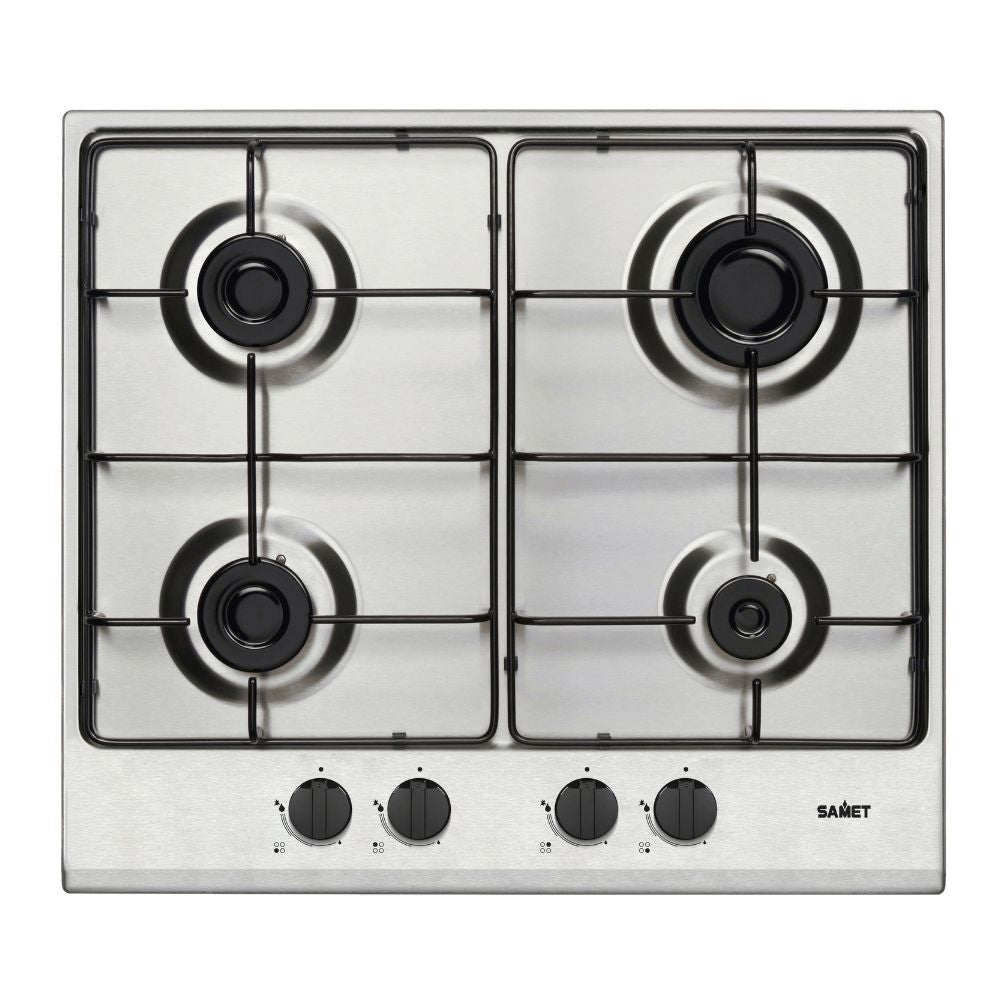 piano cottura samet circe2 a gas 4 fuochi da incasso inox con manopole nere, piano cottura a gas visto frontalmente, classico ed efficiente