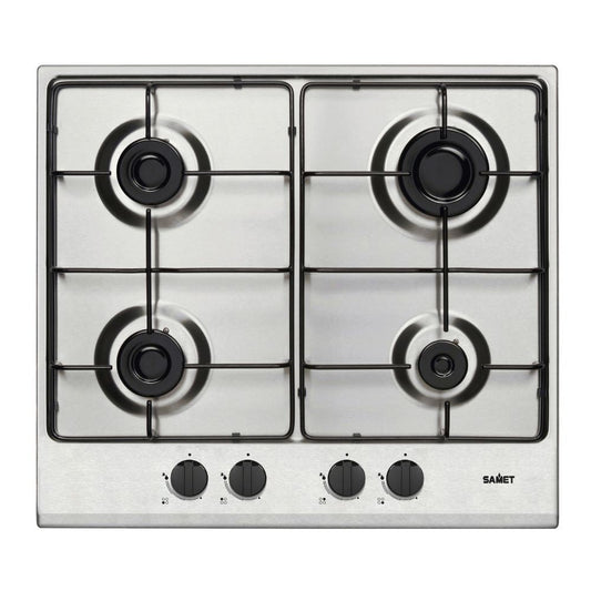 piano cottura samet circe2 a gas 4 fuochi da incasso inox con manopole nere, piano cottura a gas visto frontalmente, classico ed efficiente