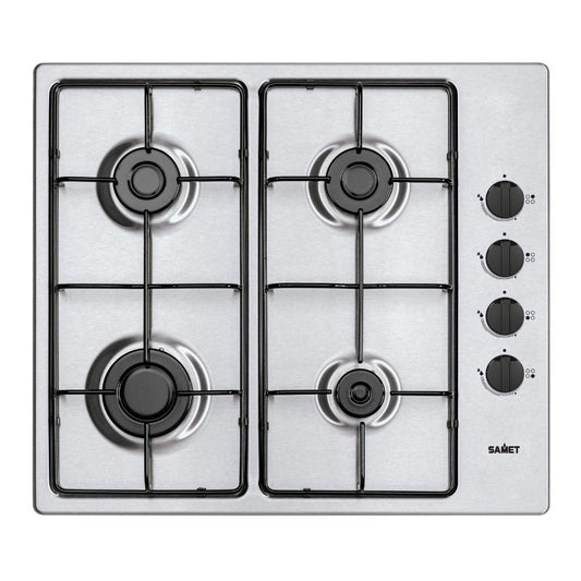 piano cottura samet ariane2025 a gas 4 fuochi con manopole laterali inox, piano cottura a gas visto frontalmente, classico ed efficiente