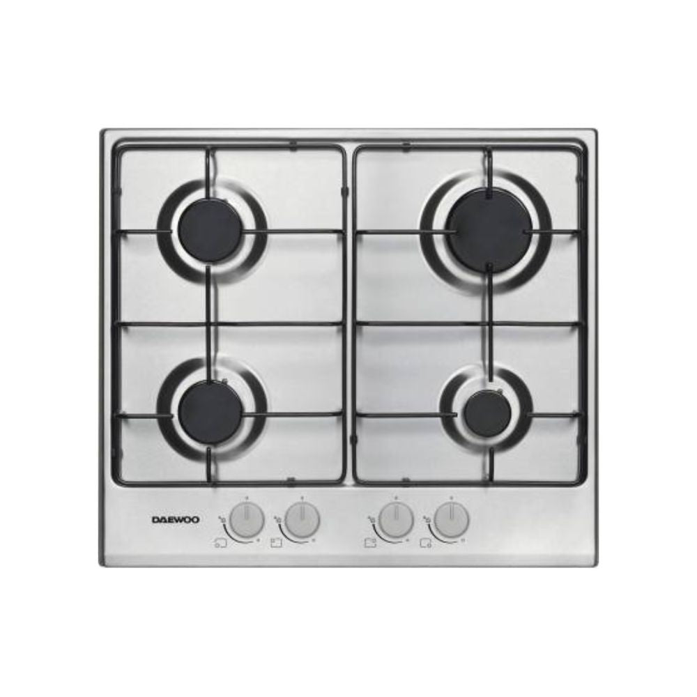 piano cottura daewoo h6g40l2it 4 fuochi colore inox, piano cottura a gas visto frontalmente, classico ed efficiente