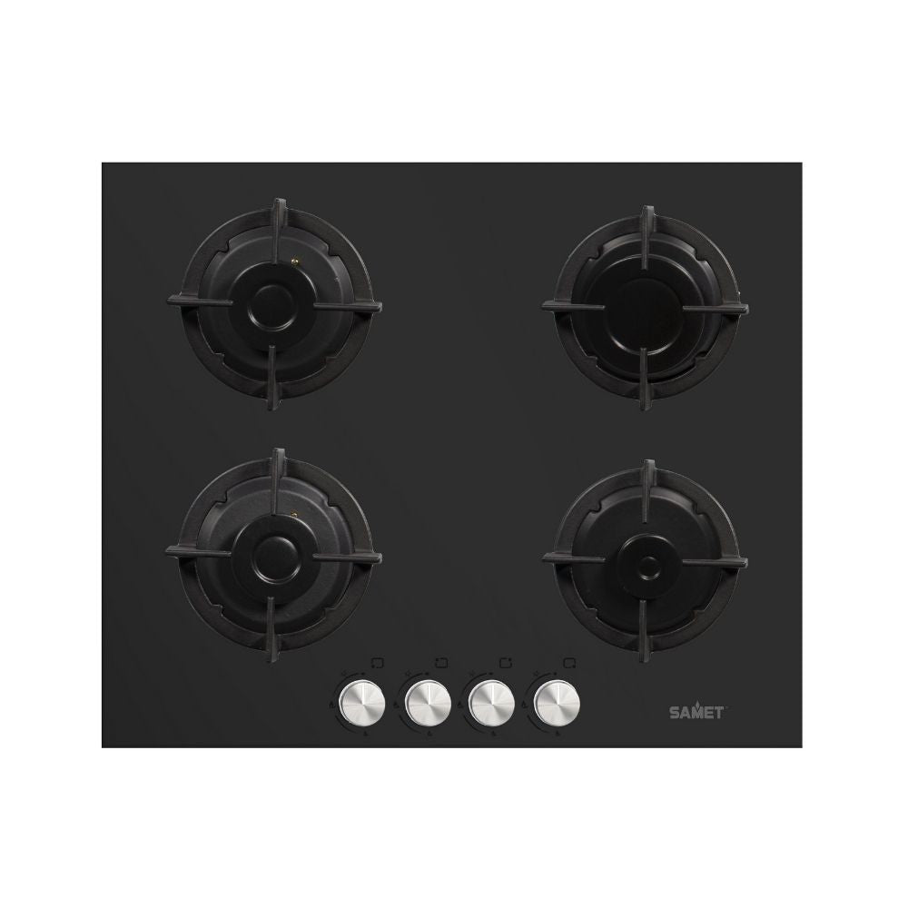 samet piano cottura venere 60 in vetro 4 fuochi nero, piano cottura a gas visto frontalmente, classico ed efficiente