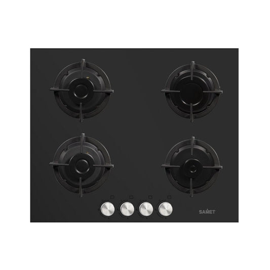 samet piano cottura venere 60 in vetro 4 fuochi nero, piano cottura a gas visto frontalmente, classico ed efficiente
