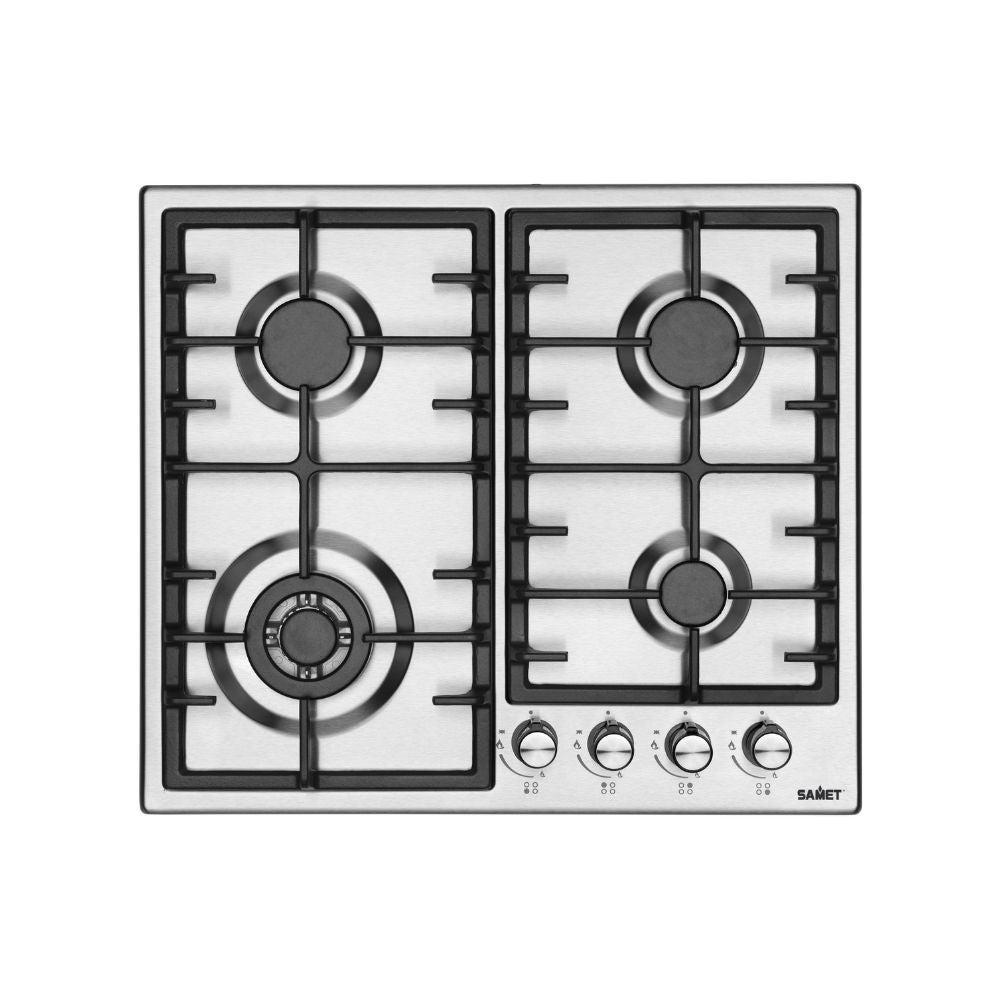 samet piano cottura efesto inox 4 fuochi, piano cottura a gas visto frontalmente, classico ed efficiente