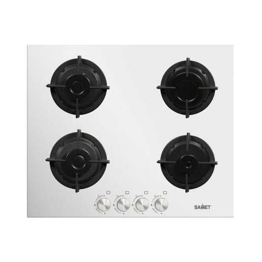 piano cottura in vetro 4 fuochi venere 60 bianco samet, piano cottura a gas visto frontalmente, classico ed efficiente