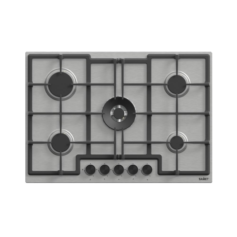samet piano cottura mercurio 75 inox, piano cottura a gas visto frontalmente, classico ed efficiente